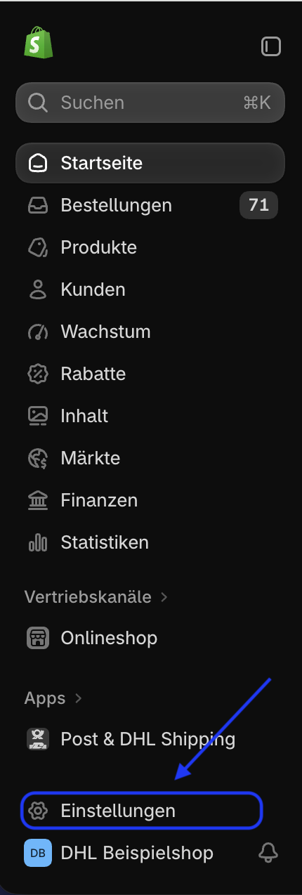 Open settings in Shopify Admin